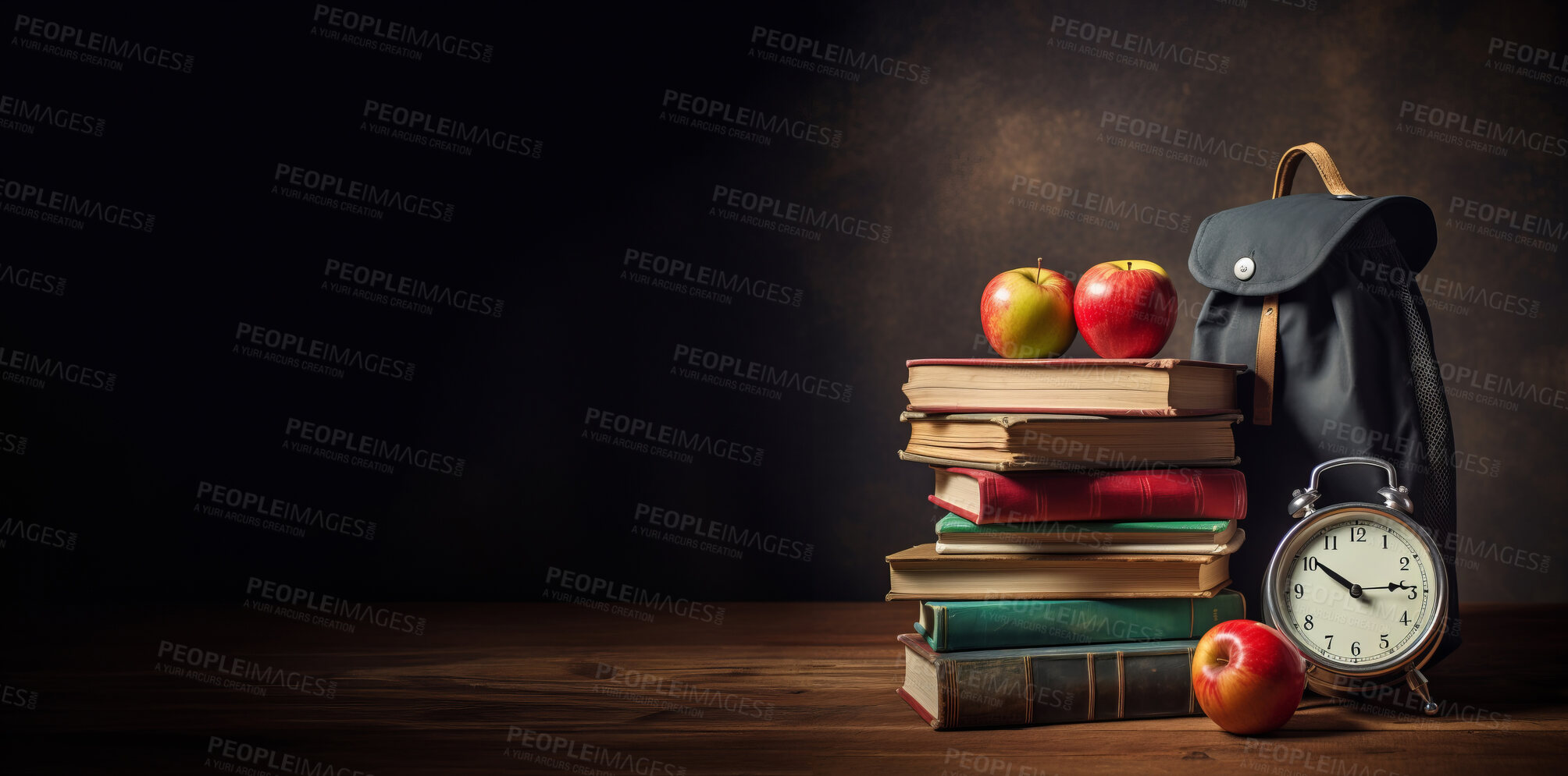 Buy stock photo Backpack, books and apples with clock on dark copyspace background