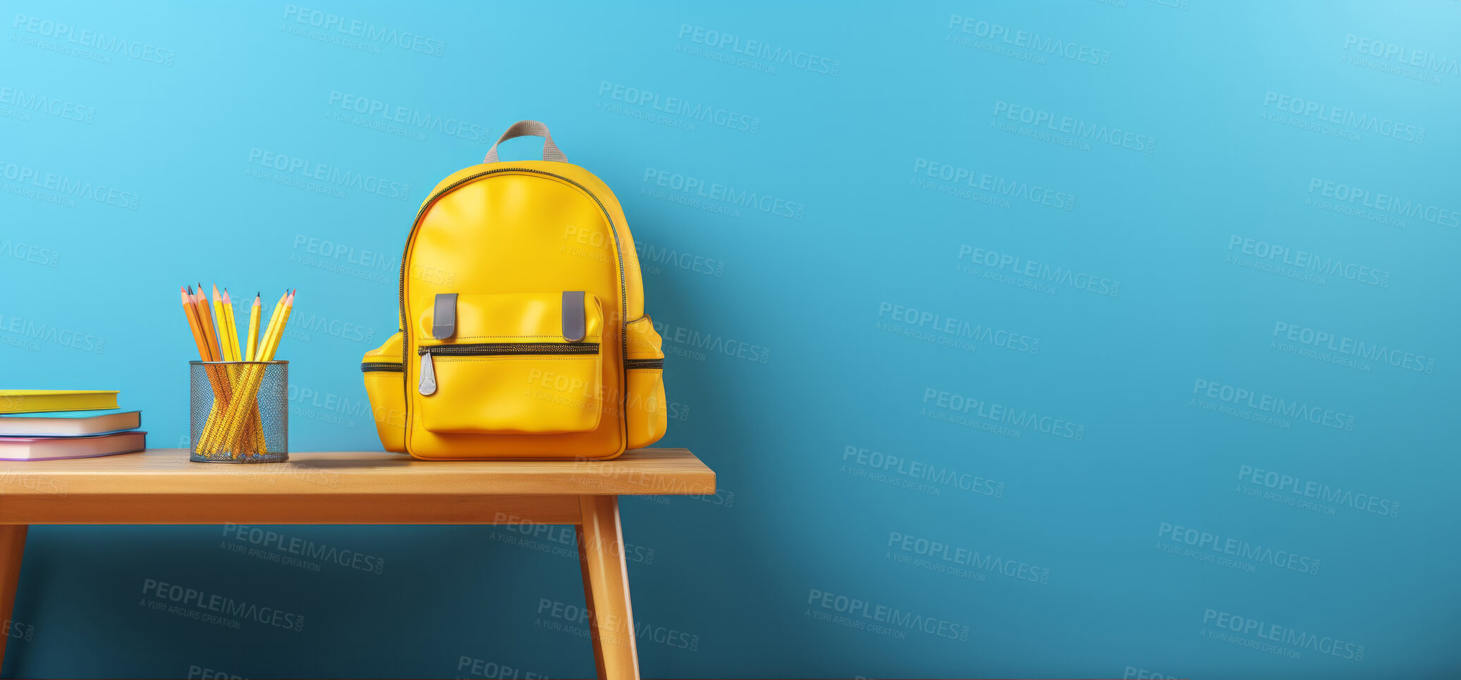 Buy stock photo Backpack, books, and pencils on table on blue copyspace background