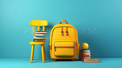 Buy stock photo Backpack, books on chair, and pencils on table on blue copyspace background