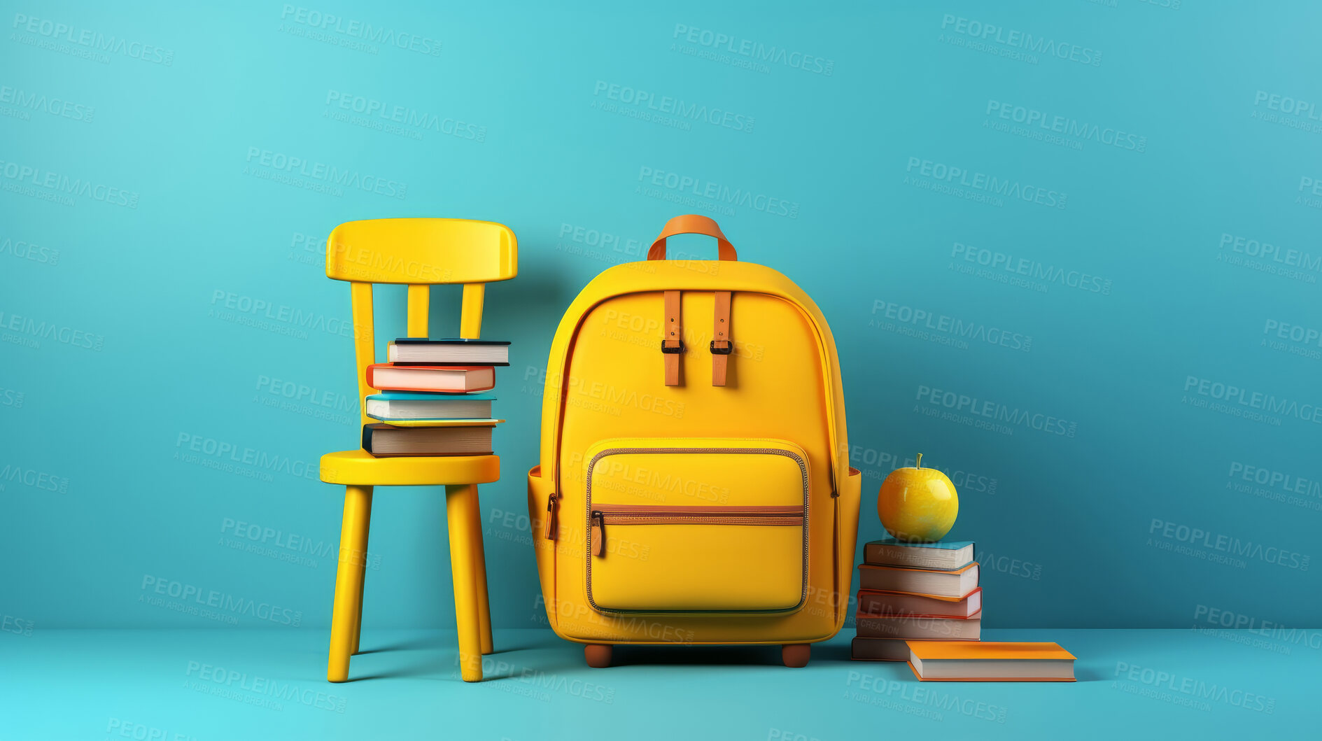 Buy stock photo Backpack, books on chair, and pencils on table on blue copyspace background