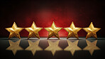 Five gold star rating on red background. Feedback, review, and rate us concept