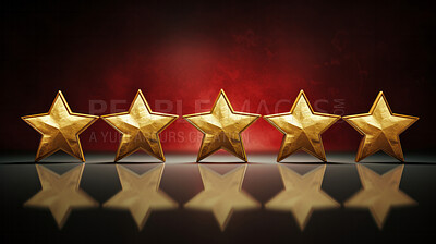 Five gold star rating on red background. Feedback, review, and rate us concept