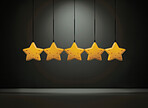 Five gold star rating on dark background. Feedback, review, and rate us concept