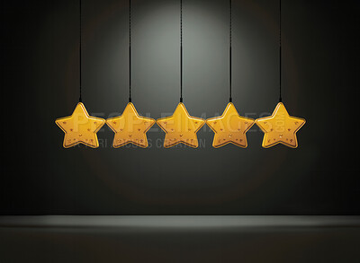 Five gold star rating on dark background. Feedback, review, and rate us concept