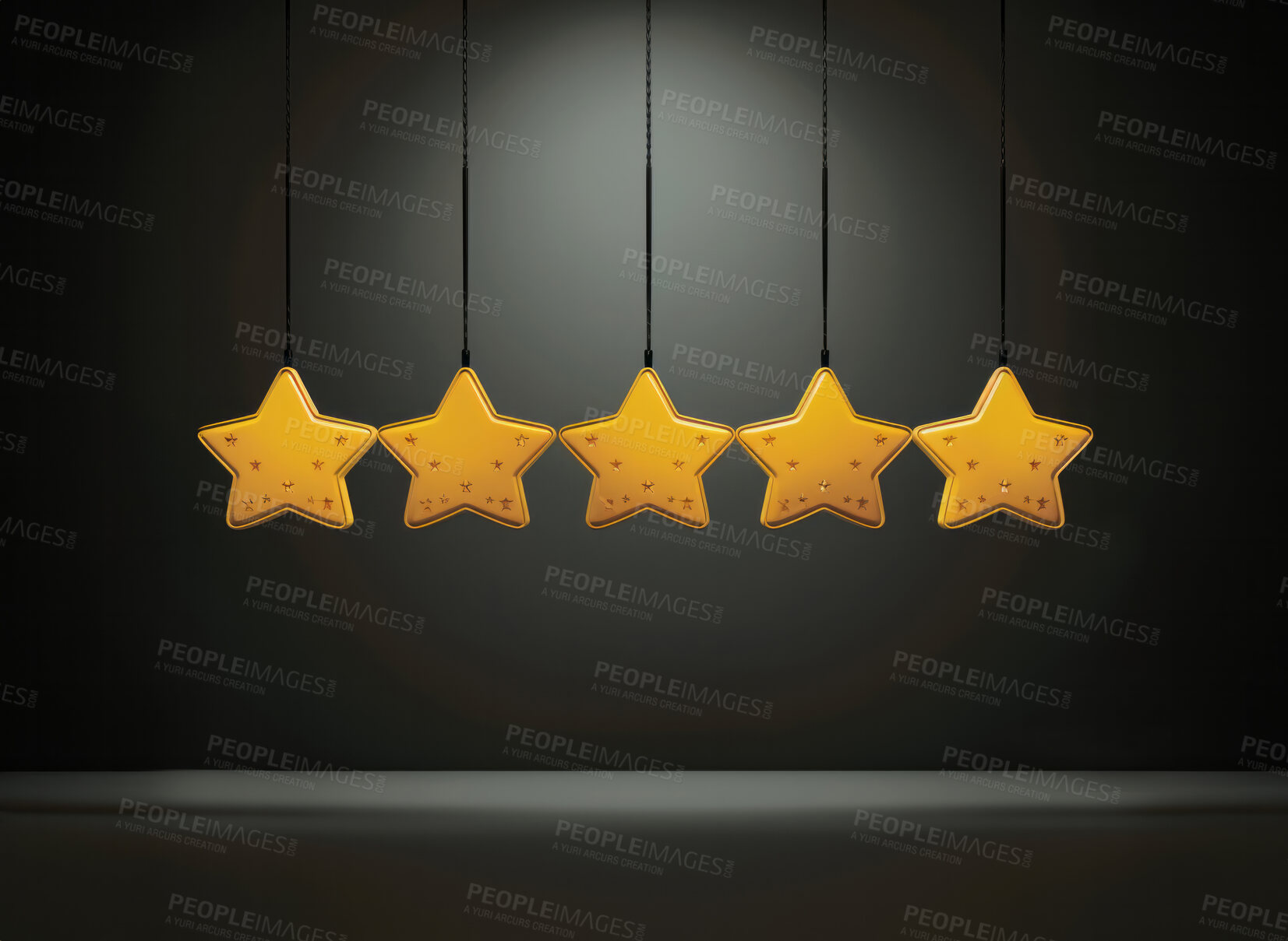 Buy stock photo Five gold star rating on dark background. Feedback, review, and rate us concept