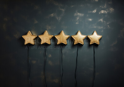 Buy stock photo Five gold star rating on dark background. Feedback, review, and rate us concept