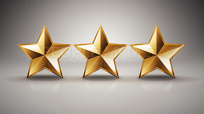 Buy stock photo Three gold star rating on dark background. Feedback, review, and rate us concept