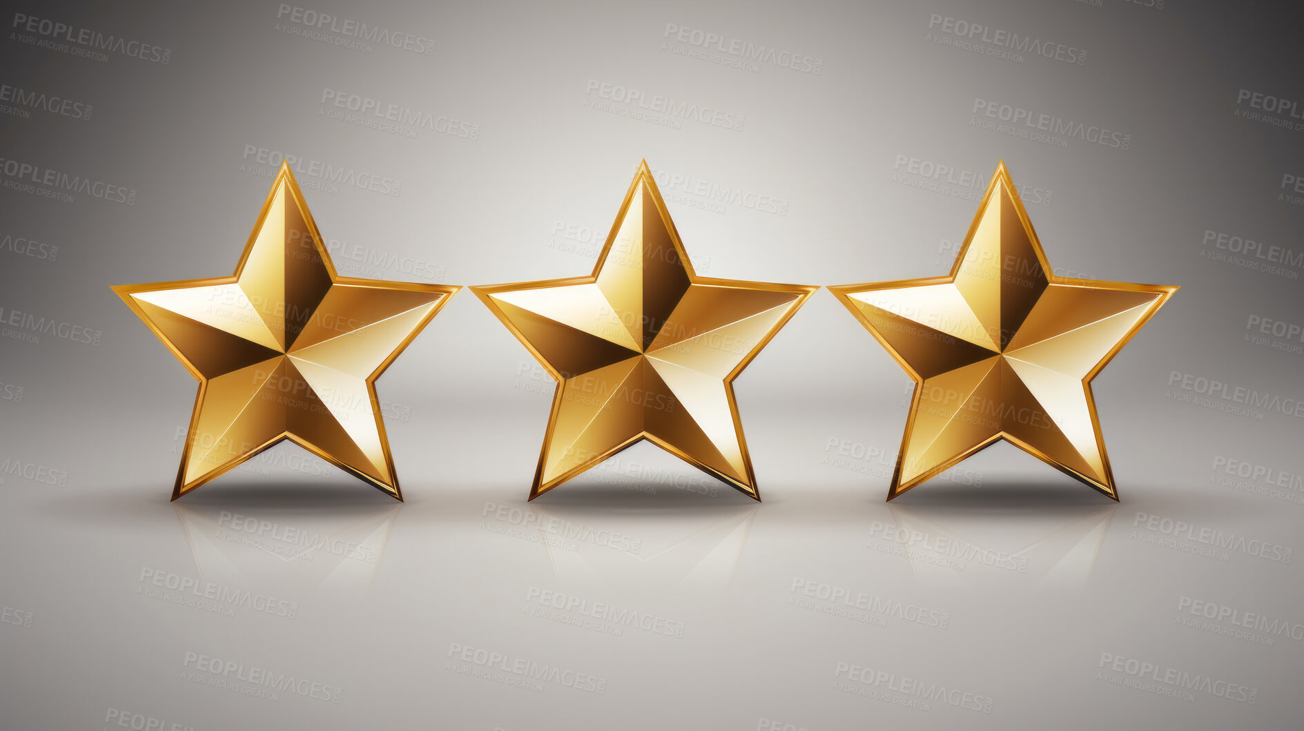 Buy stock photo Three gold star rating on dark background. Feedback, review, and rate us concept