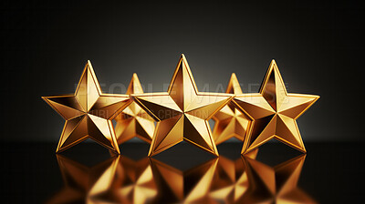 Buy stock photo Five gold star rating on dark background. Feedback, review, and rate us concept