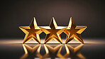 Three gold star rating on dark background. Feedback, review, and rate us concept