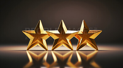 Buy stock photo Three gold star rating on dark background. Feedback, review, and rate us concept