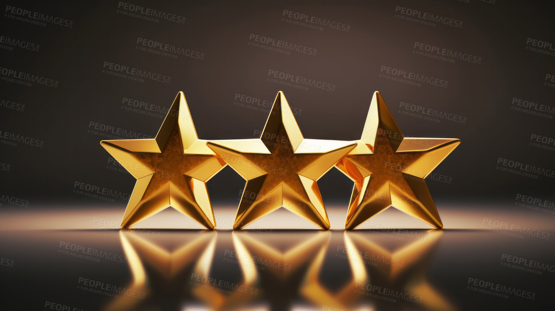 Buy stock photo Three gold star rating on dark background. Feedback, review, and rate us concept