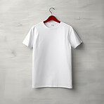 White t-shirt mockup with copyspace on dark background on hanger, front view