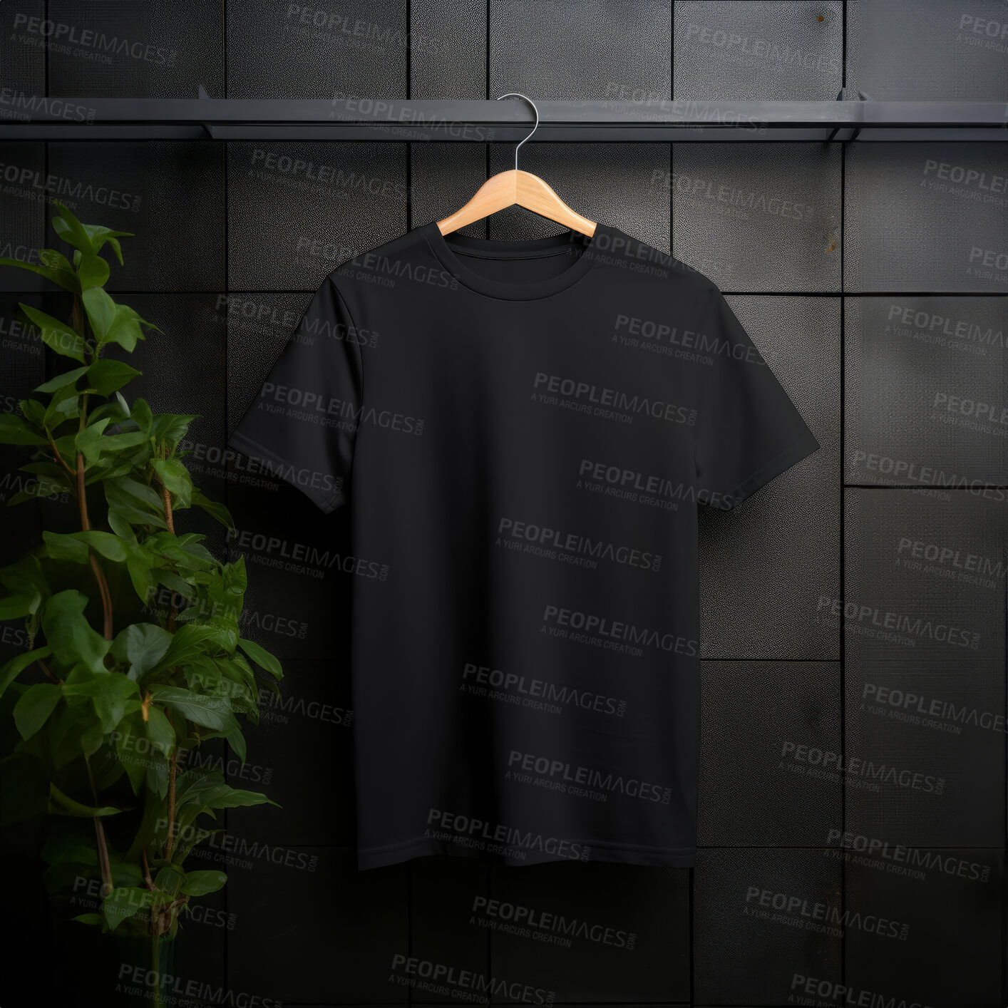 Buy stock photo Black t-shirt mockup with copyspace on dark background with plants on hanger, front view