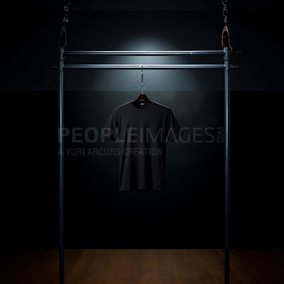 Buy stock photo Black t-shirt mockup with copyspace on dark background on hanger, front view