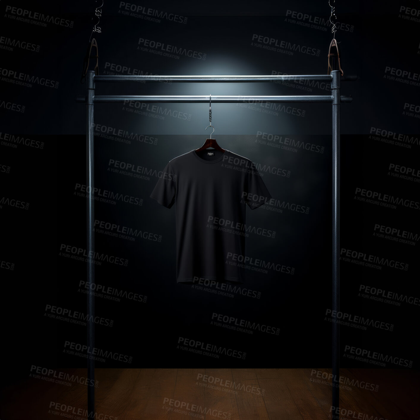 Buy stock photo Black t-shirt mockup with copyspace on dark background on hanger, front view