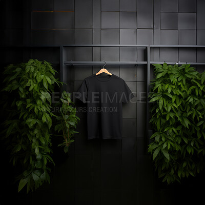 Buy stock photo Black t-shirt mockup with copyspace on dark background with plants on hanger, front view