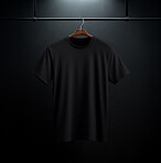 Black t-shirt mockup with copyspace on dark background on hanger, front view