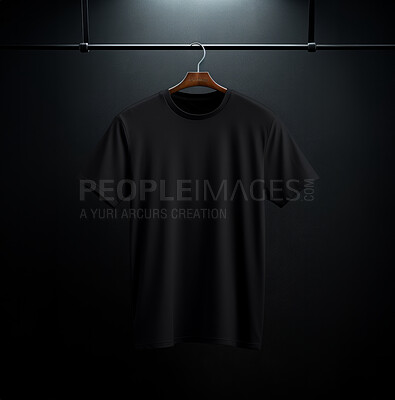 Black t-shirt mockup with copyspace on dark background on hanger, front view