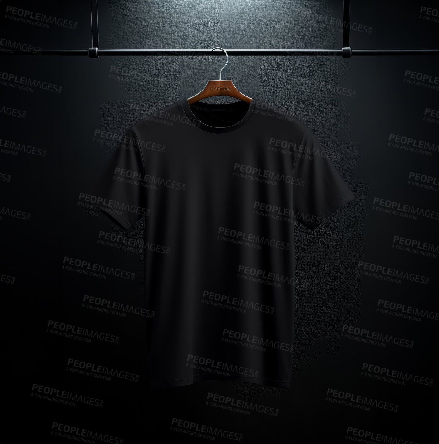 Buy stock photo Black t-shirt mockup with copyspace on dark background on hanger, front view