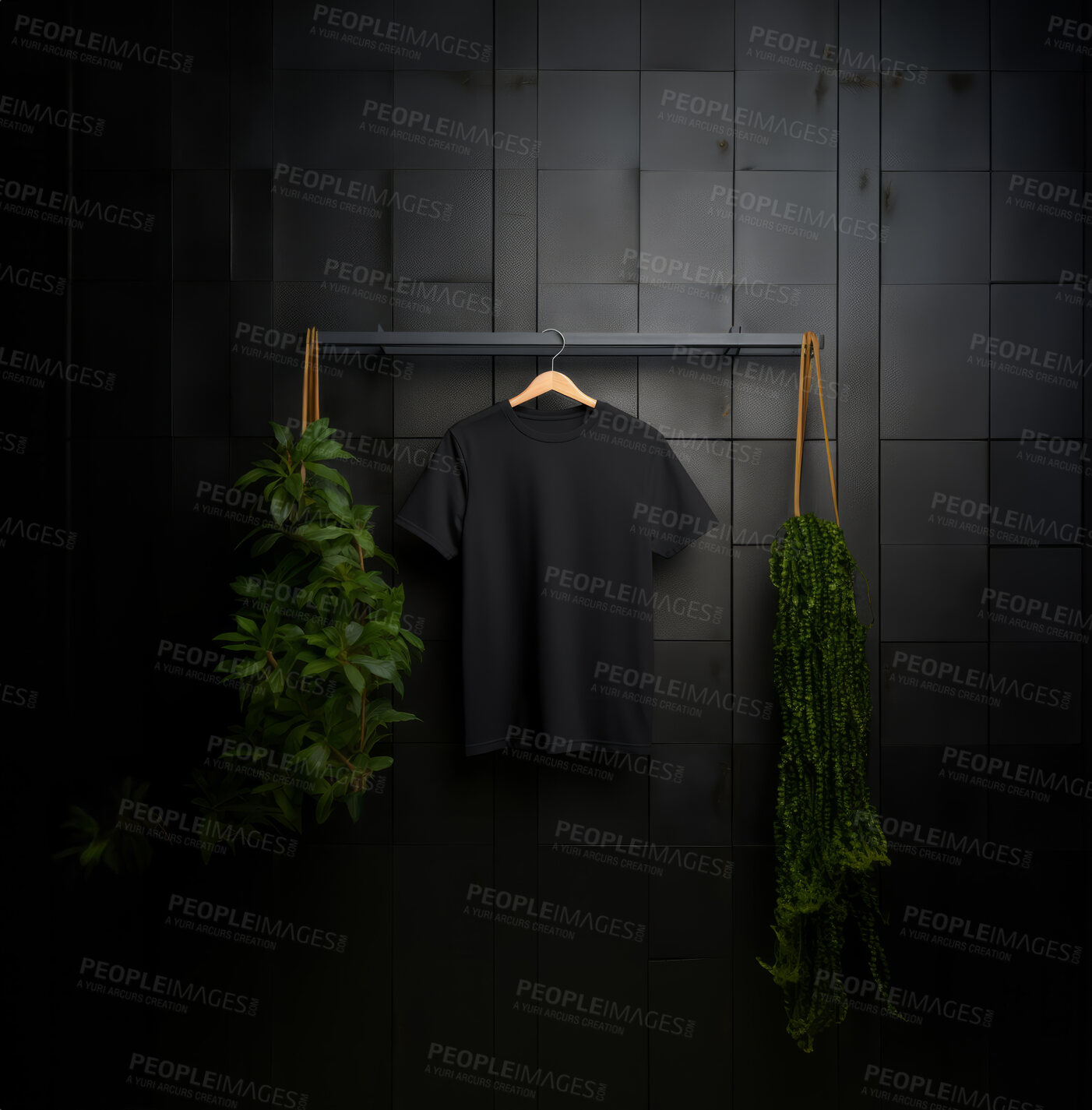 Buy stock photo Black t-shirt mockup with copyspace on dark background with plants on hanger, front view