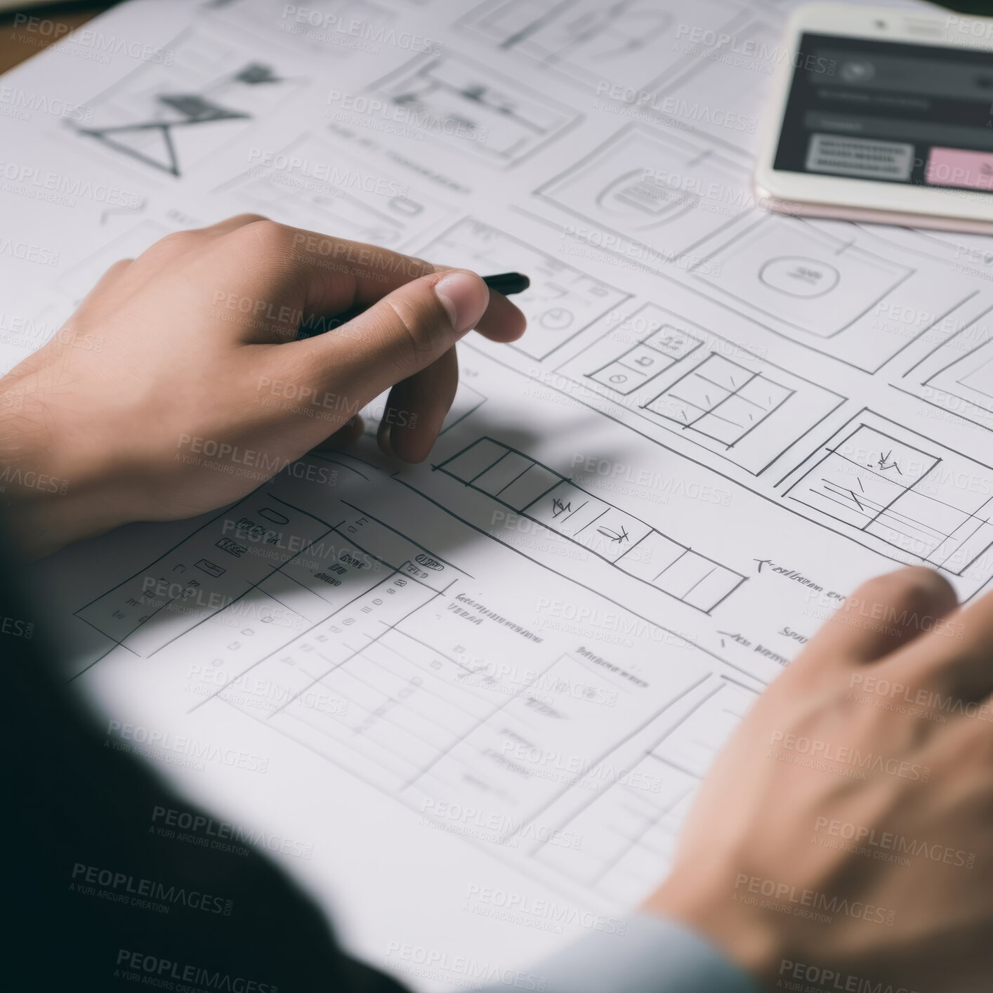 Buy stock photo Website design, creative planning application development drawing template wireframe design