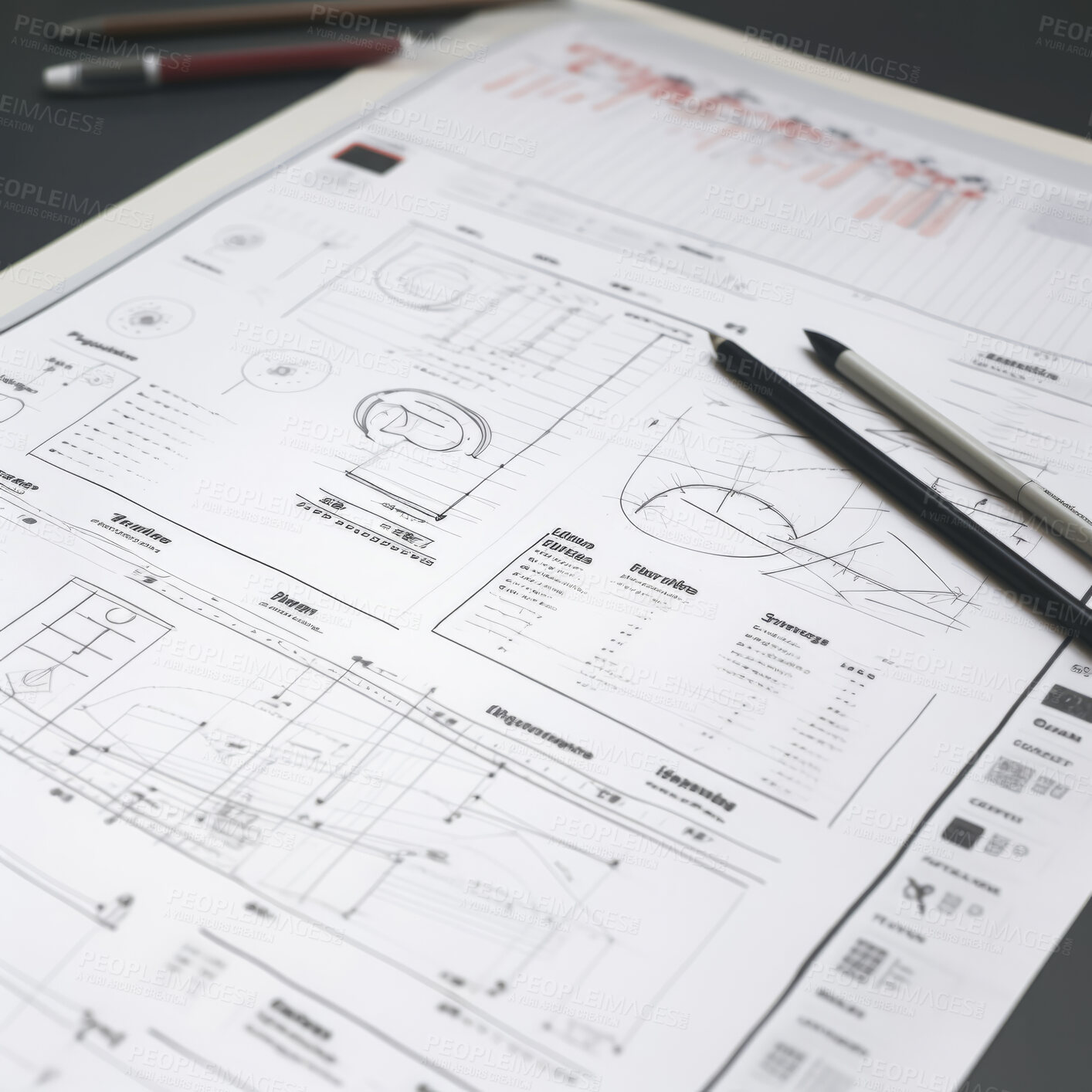 Buy stock photo Website design, creative planning application development drawing template wireframe design