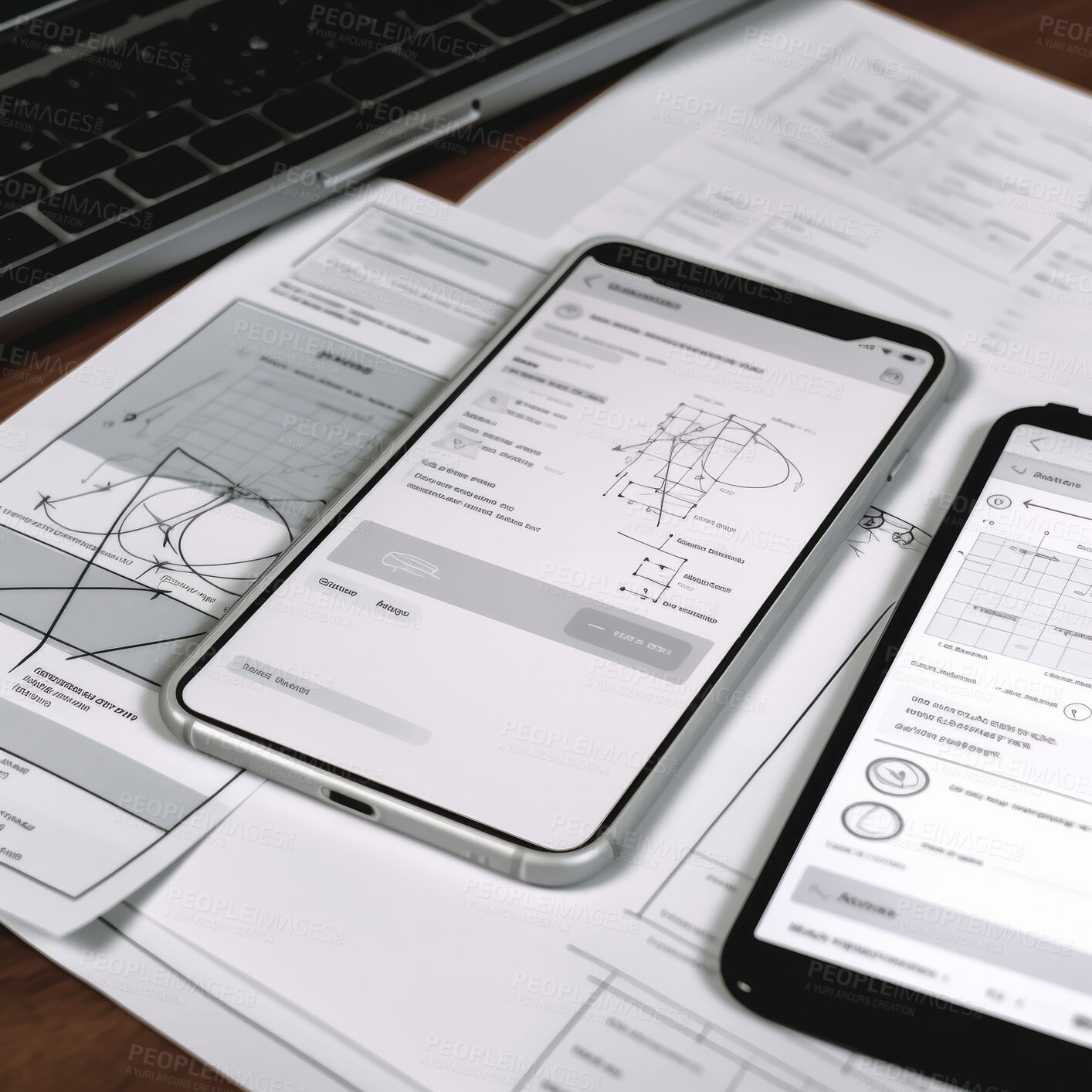 Buy stock photo Website design, creative planning application development drawing template wireframe design