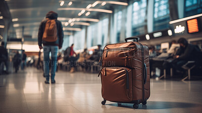 Buy stock photo Suitcase in empty airport, traveler cases in departure airport terminal waiting area, vacation concept