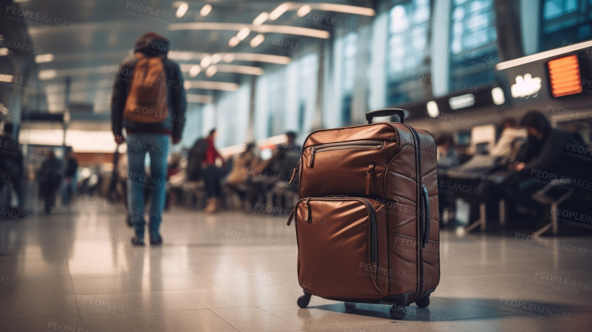 Buy stock photo Suitcase in empty airport, traveler cases in departure airport terminal waiting area, vacation concept