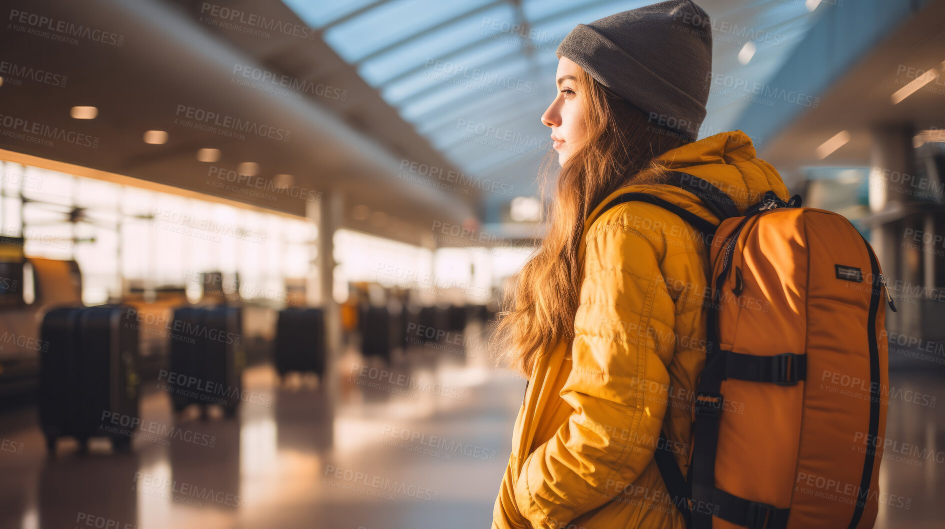 Buy stock photo Traveling woman with backpack at international airport or large train station, departure or arrival bokeh