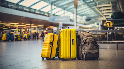 Buy stock photo Suitcases in empty airport, traveler cases in departure airport terminal waiting area, vacation concept