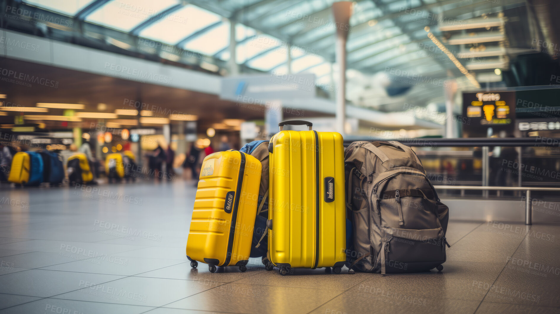 Buy stock photo Suitcases in empty airport, traveler cases in departure airport terminal waiting area, vacation concept