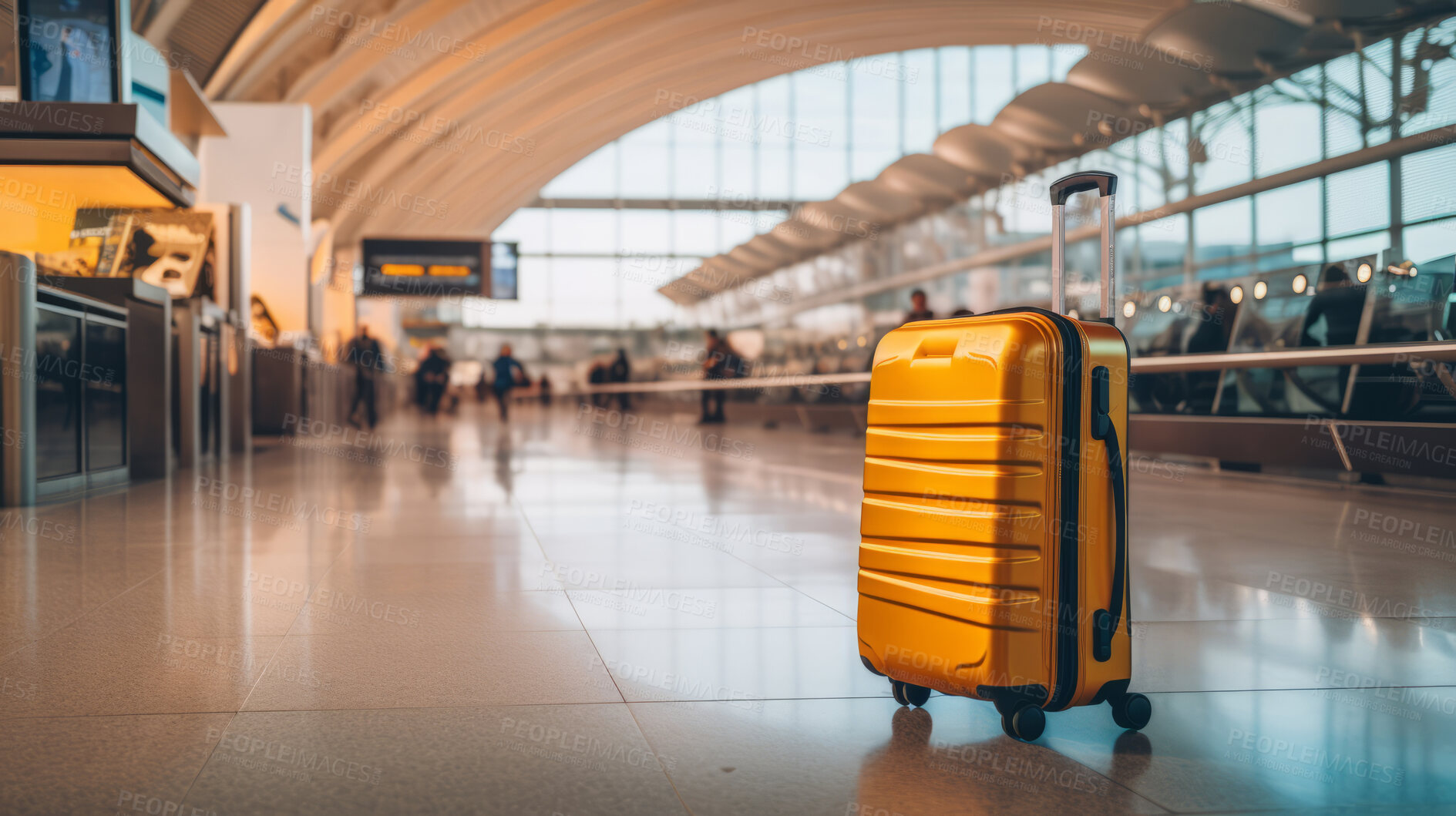 Buy stock photo Suitcase in empty airport, traveler cases in departure airport terminal waiting area, vacation concept