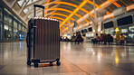 Suitcase in empty airport, traveler cases in departure airport terminal waiting area, vacation concept