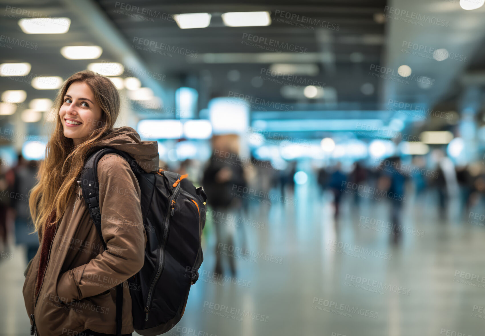 Buy stock photo Traveling woman with backpack at international airport or large train station, departure or arrival bokeh