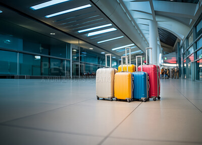 Buy stock photo Suitcases in empty airport, traveler cases in departure airport terminal waiting area, vacation concept