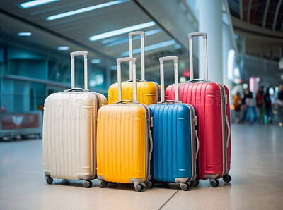 Buy stock photo Suitcases in empty airport, traveler cases in departure airport terminal waiting area, vacation concept