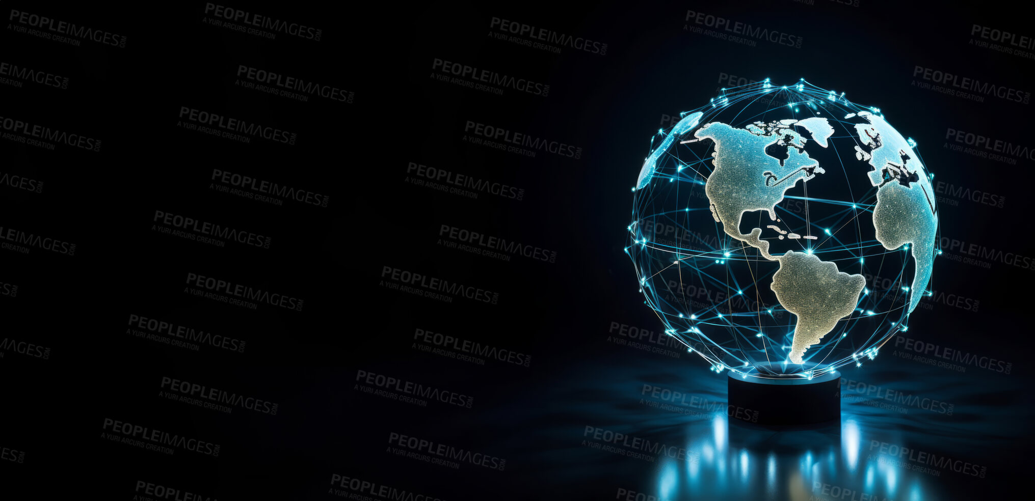 Buy stock photo Global social network future world map on dark copyspace background. Internet communication technology concept