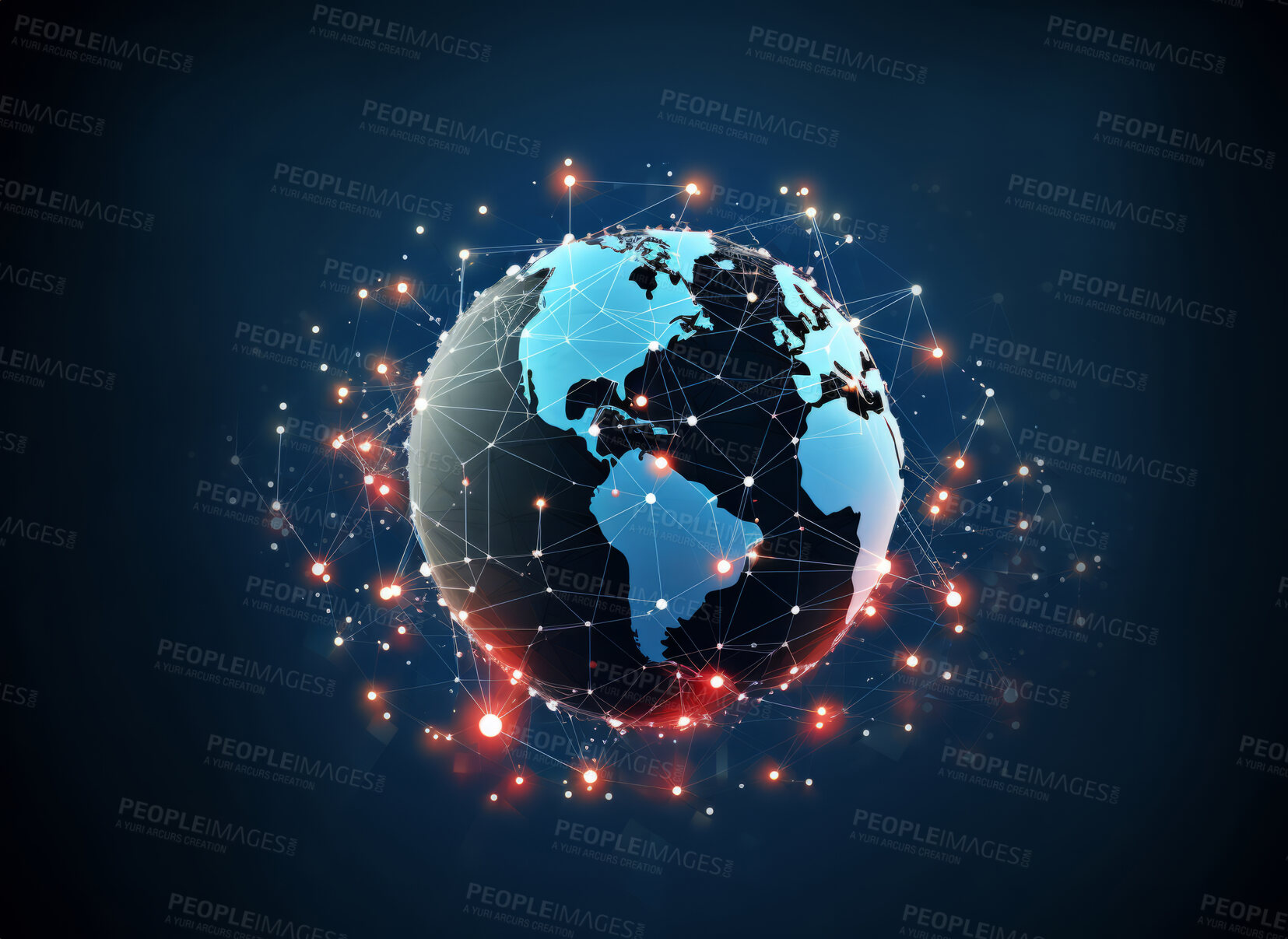 Buy stock photo Global social network future world map on dark copyspace background. Internet communication technology concept