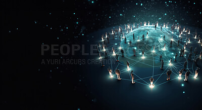 Global social network future world map on dark copyspace background. Connected people internet communication technology