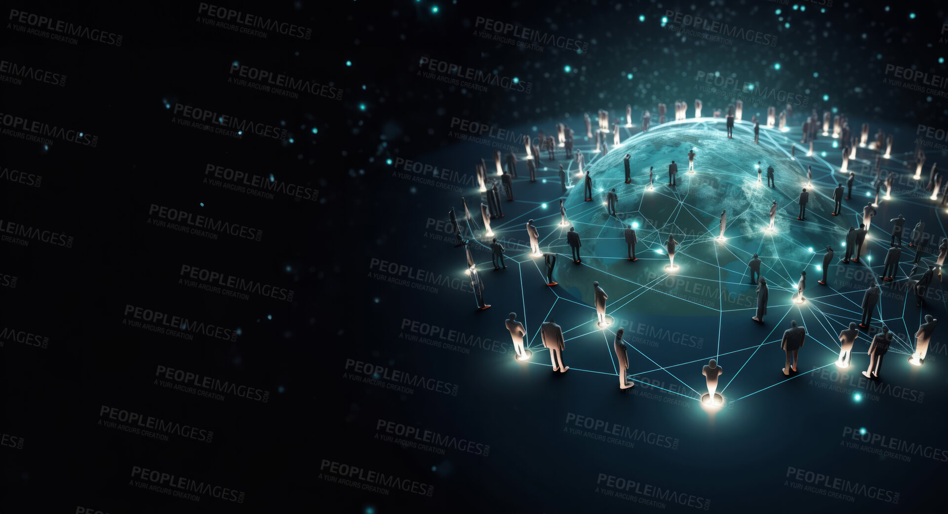 Buy stock photo Global social network future world map on dark copyspace background. Connected people internet communication technology