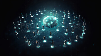 Global social network future world map on dark copyspace background. Connected people internet communication technology