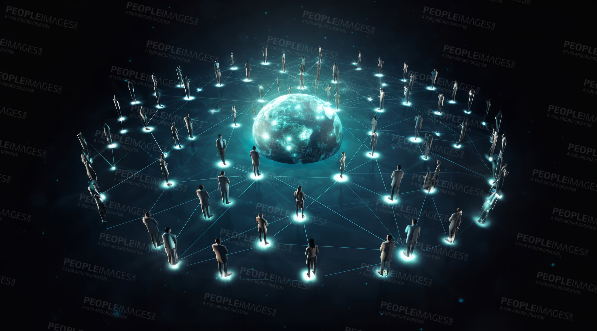 Buy stock photo Global social network future world map on dark copyspace background. Connected people internet communication technology
