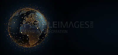 Buy stock photo Global social network future world map on dark copyspace background. Internet communication technology concept