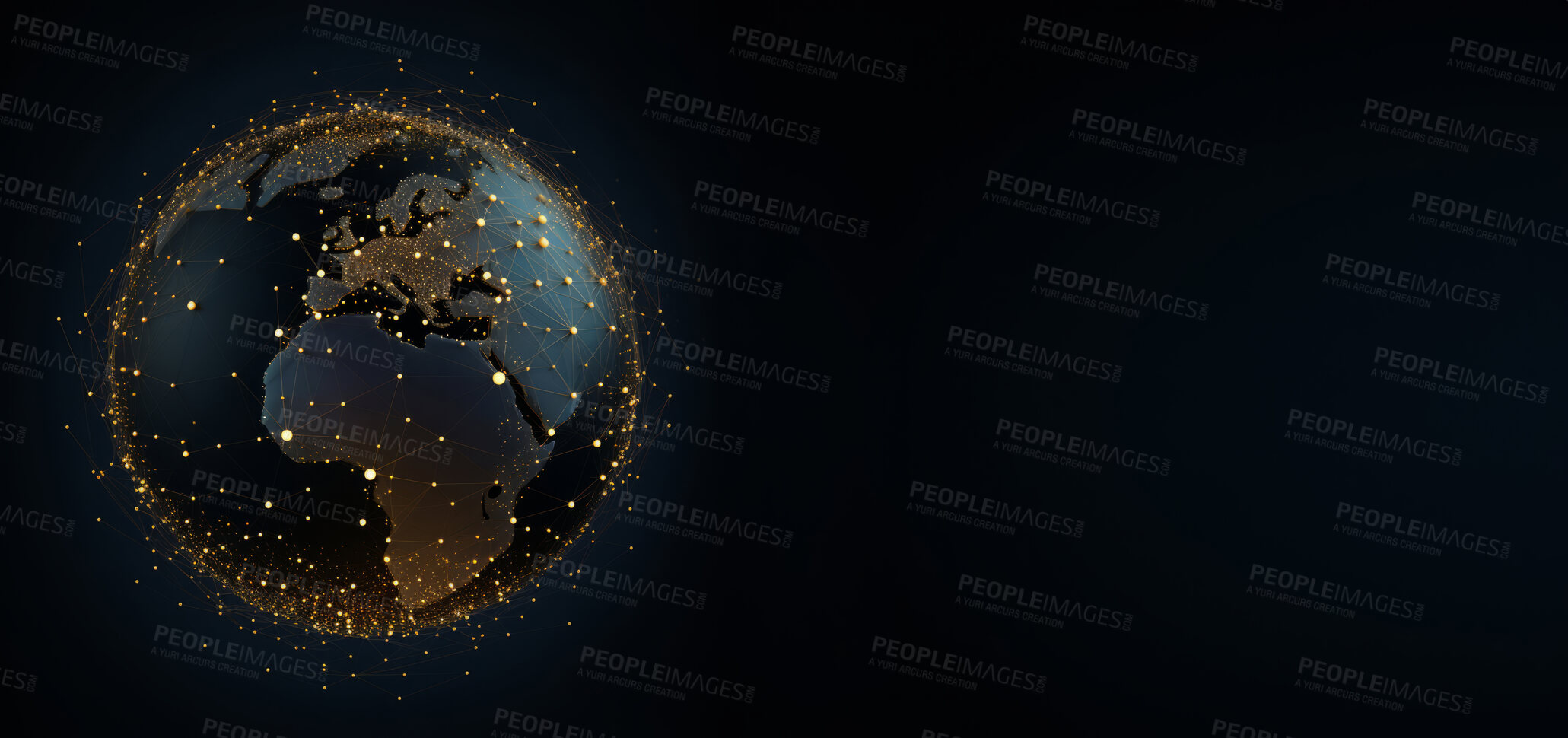 Buy stock photo Global social network future world map on dark copyspace background. Internet communication technology concept