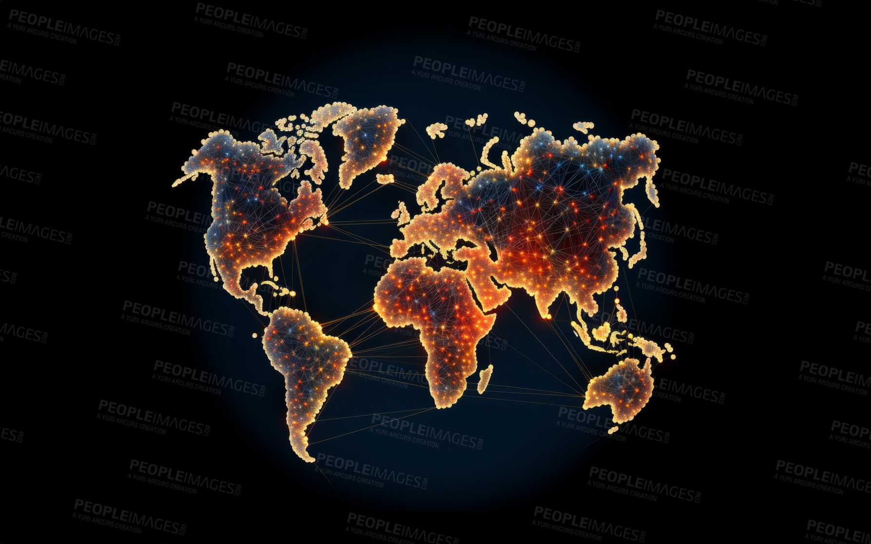 Buy stock photo Global social network future world map on dark copyspace background. Internet communication technology concept