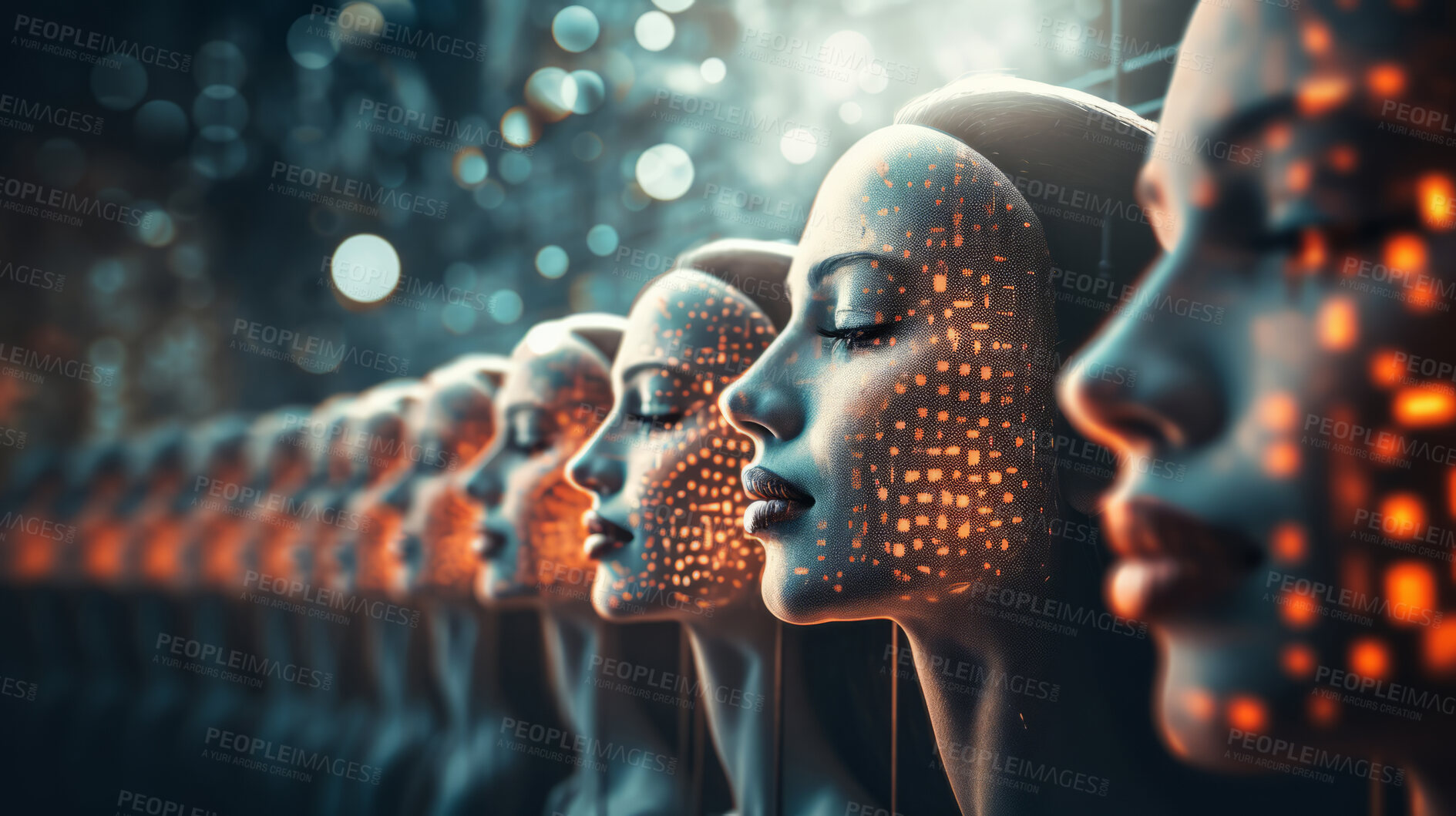 Buy stock photo Women in technology data flow concept. Big data communication and network forming digital science