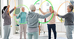 Fitness, senior and people with hula hoop at the gym for training, workout and health in retirement. Happy, together and a group of elderly friends with a coach and gear for an exercise class