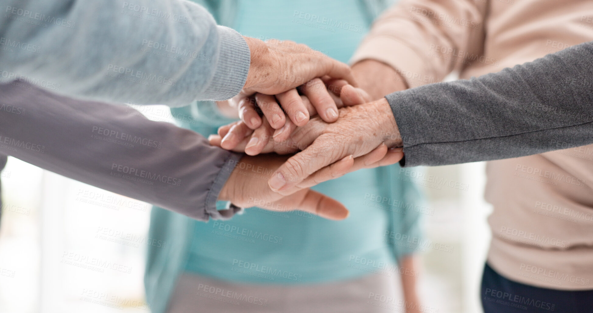 Buy stock photo Fitness, high five and senior people for exercise support, collaboration and teamwork in yoga studio. Pilates, training and happy group of elderly man and women with hands together for health success